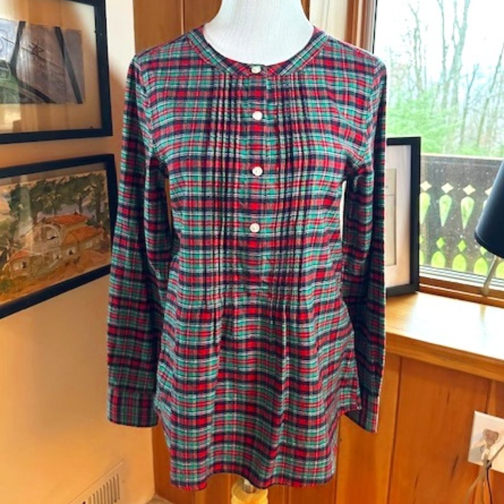 VINEYARD VINES  Blue, Red and Green Tartan Tuxedo Pleats Flannel Tunic Shirt - 0